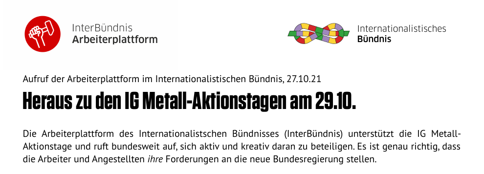 Aufruf der Arbeiterplattform im internationalistischen Bündnis – heraus zu den IG Metall-Aktionstagen am 29.10.!