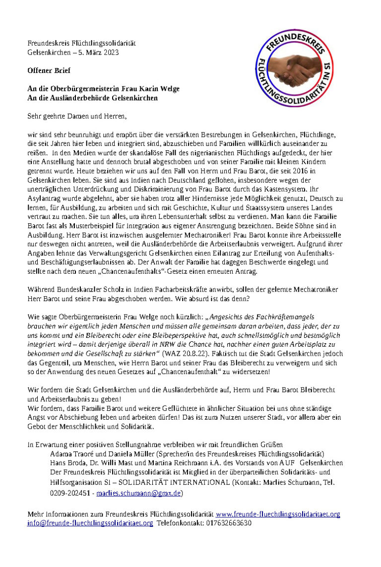 Read more about the article Freundeskreis Flüchtlingssolidarität Gelsenkirchen – Offener Brief