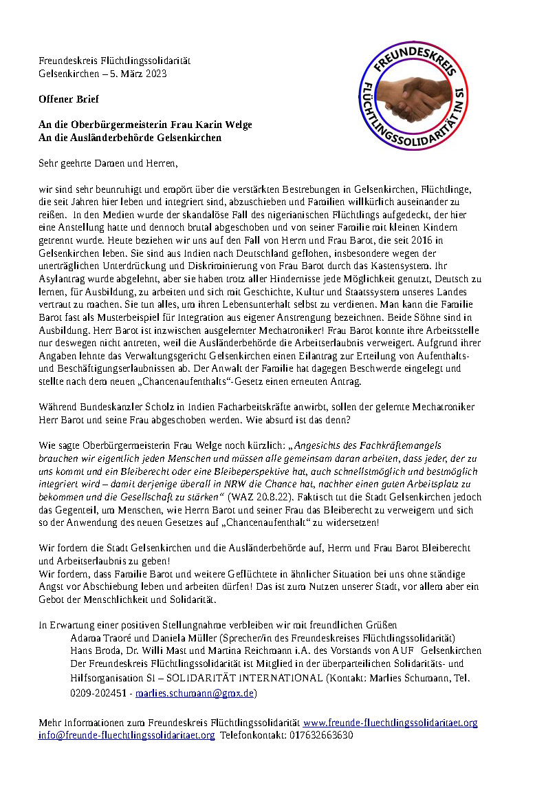 You are currently viewing Freundeskreis Flüchtlingssolidarität Gelsenkirchen – Offener Brief
