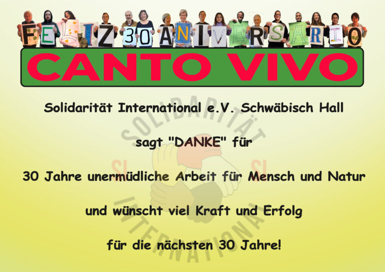Read more about the article 30 Jahre Canto Vivo – Gratulation von Solidarität International