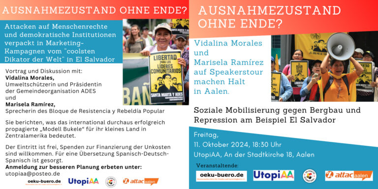 Mehr über den Artikel erfahren Veranstaltung mit Vidalina Morales und Marisela Ramírez aus El Salvador – 11.10.24, 18:30 Uhr UtopiAA